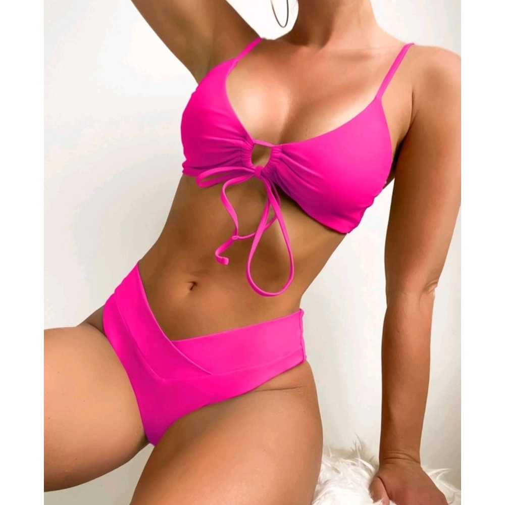 Hot Pink Drawstring Front Plain Bikini Swimsuit